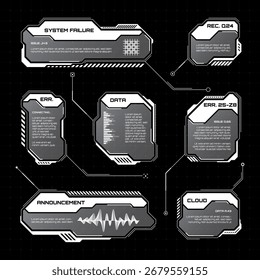 White futuristic HUD, UI elements. Sci-fi user interface text boxes, callouts. Warning message frames, information boxes template. Modern game interface layout in digital style. Vector illustration