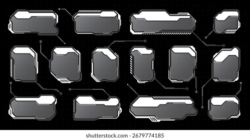 Blanco futurista HUD, UI Elementos. Cuadros de texto de interfaz de usuario de ciencia ficción, llamadas. Marcos de mensajes de advertencia, Plantilla de cuadros de información. Diseño de interfaz de juego moderno en estilo digital. Ilustración vectorial
