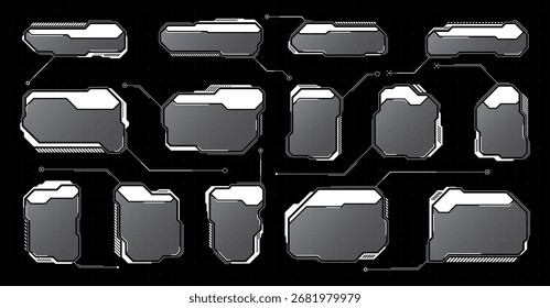 White futuristic HUD, UI elements. Sci-fi user interface text boxes, callouts. Warning message frames, information boxes template. Modern game interface layout in digital style. Vector illustration