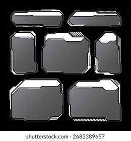 HUD futurista branco, elementos de UI. Caixas de texto, textos explicativos da interface do usuário de ficção científica. Modelo de quadros de mensagem de aviso, caixas de informações. Layout de interface de jogo moderno em estilo digital. Ilustração vetorial