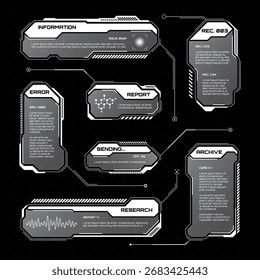 Weiße futuristische HUD, UI-Elemente. Textfelder und Callouts der Sci-Fi-Benutzeroberfläche. Warnmeldungsrahmen, Vorlage für Informationsfelder. Modernes Spiel-Interface-Layout im digitalen Stil. Vektorgrafik