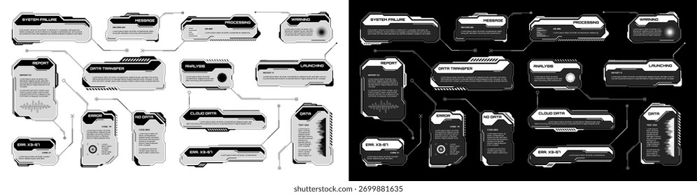 HUD futurista branco, elementos de UI. Caixas de texto, textos explicativos da interface do usuário de ficção científica. Modelo de quadros de mensagem de aviso, caixas de informações. Layout de interface de jogo moderno em estilo digital. Ilustração vetorial.