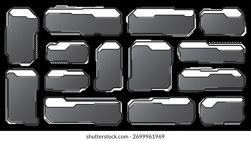 HUD futurista branco, elementos de UI. Caixas de texto, textos explicativos da interface do usuário de ficção científica. Modelo de quadros de mensagem de aviso, caixas de informações. Layout de interface de jogo moderno em estilo digital. Ilustração vetorial.