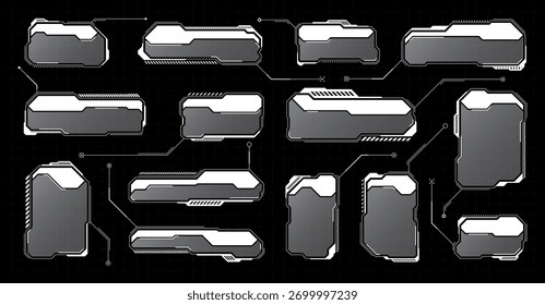 HUD futurista branco, elementos de UI. Caixas de texto, textos explicativos da interface do usuário de ficção científica. Modelo de quadros de mensagem de aviso, caixas de informações. Layout de interface de jogo moderno em estilo digital. Ilustração vetorial.