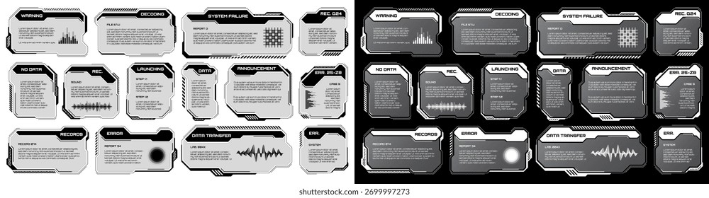 HUD futurista branco, elementos de UI. Caixas de texto, textos explicativos da interface do usuário de ficção científica. Modelo de quadros de mensagem de aviso, caixas de informações. Layout de interface de jogo moderno em estilo digital. Ilustração vetorial.