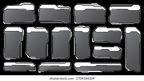 White futuristic HUD, UI elements. Sci-fi user interface text boxes, callouts. Warning message frames, information boxes template. Modern game interface layout in digital style. Vector illustration