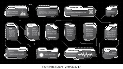 Blanco futurista HUD, UI Elementos. Cuadros de texto de interfaz de usuario de ciencia ficción, llamadas. Marcos de mensajes de advertencia, Plantilla de cuadros de información. Diseño de interfaz de juego moderno en estilo digital. Ilustración vectorial