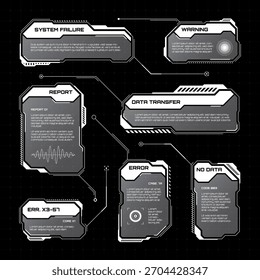 Blanco futurista HUD, UI Elementos. Cuadros de texto de interfaz de usuario de ciencia ficción, llamadas. Marcos de mensajes de advertencia, Plantilla de cuadros de información. Diseño de interfaz de juego moderno en estilo digital. Ilustración vectorial