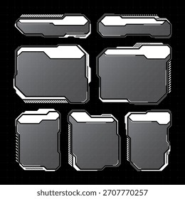 Blanco futurista HUD, UI Elementos. Cuadros de texto de interfaz de usuario de ciencia ficción, llamadas. Marcos de mensajes de advertencia, Plantilla de cuadros de información. Diseño de interfaz de juego moderno en estilo digital. Ilustración vectorial