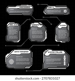 Blanco futurista HUD, UI Elementos. Cuadros de texto de interfaz de usuario de ciencia ficción, llamadas. Marcos de mensajes de advertencia, Plantilla de cuadros de información. Diseño de interfaz de juego moderno en estilo digital. Ilustración vectorial