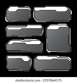 Blanco futurista HUD, UI Elementos. Cuadros de texto de interfaz de usuario de ciencia ficción, llamadas. Marcos de mensajes de advertencia, Plantilla de cuadros de información. Diseño de interfaz de juego moderno en estilo digital. Ilustración vectorial