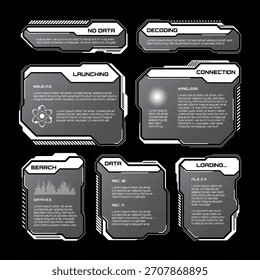 White futuristic HUD, UI elements. Sci-fi user interface text boxes, callouts. Warning message frames, information boxes template. Modern game interface layout in digital style. Vector illustration