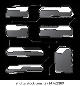 Blanco futurista HUD, UI Elementos. Cuadros de texto de interfaz de usuario de ciencia ficción, llamadas. Marcos de mensajes de advertencia, Plantilla de cuadros de información. Diseño de interfaz de juego moderno en estilo digital. Ilustración vectorial