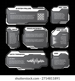 Blanco futurista HUD, UI Elementos. Cuadros de texto de interfaz de usuario de ciencia ficción, llamadas. Marcos de mensajes de advertencia, Plantilla de cuadros de información. Diseño de interfaz de juego moderno en estilo digital. Ilustración vectorial