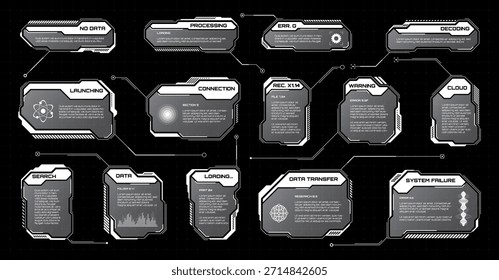 Blanco futurista HUD, UI Elementos. Cuadros de texto de interfaz de usuario de ciencia ficción, llamadas. Marcos de mensajes de advertencia, Plantilla de cuadros de información. Diseño de interfaz de juego moderno en estilo digital. Ilustración vectorial
