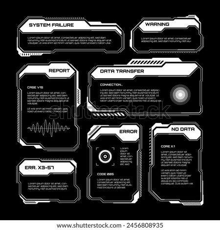 White futuristic HUD, UI elements. Sci-fi user interface text boxes, callouts. Warning message frames, information boxes template. Modern game interface layout in digital style. Vector illustration
