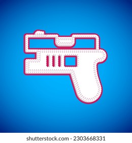 White Futuristic space gun blaster icon isolated on blue background. Laser Handgun. Alien Weapon.  Vector