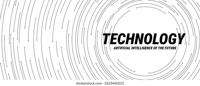White futuristic web banner with a circuit board of black thin lines on a technological background for presentation. Elegant technological background with circular lines. Modern abstract pattern. 