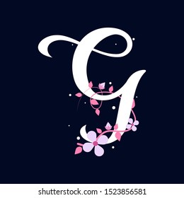 White G letter with flowers, alphabet illustration on dark blue
