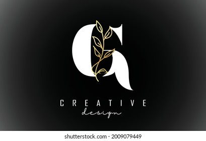White G letter logo design with golden leaves branch vector illustration. Creative and elegant icon with letter G.