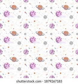 White galaxy seamless vector pattern with constellations, stars, asteroids, comets, planets and orbits. Abstract space wallpaper design for children room, bed set, pajama and curtains.