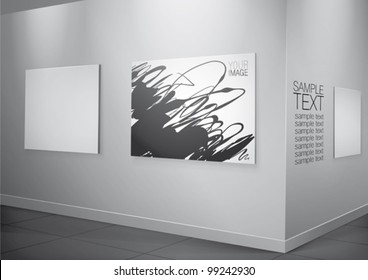 White gallery interior with lighting frames on wall