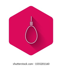 White Gallows rope loop hanging icon isolated with long shadow. Rope tied into noose. Suicide, hanging or lynching. Pink hexagon button. Vector Illustration