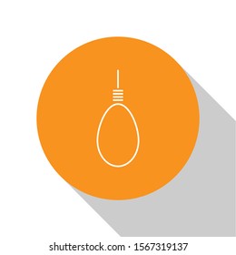 White Gallows rope loop hanging icon isolated on white background. Rope tied into noose. Suicide, hanging or lynching. Orange circle button. Vector Illustration