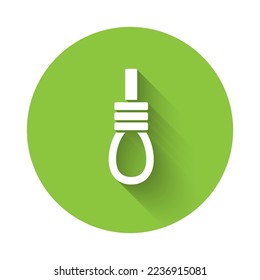 White Gallows rope loop hanging icon isolated with long shadow. Rope tied into noose. Suicide, hanging or lynching. Green circle button. Vector