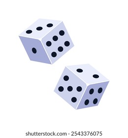 White gambling dices. Plastic cubes with dot numbers for playing. Casino items. White gambling dices. Vector illustration