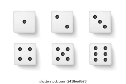 Juego de ilustraciones vectoriales realistas de los juegos de azar blancos. Cubos de plástico con números de punto para reproducir elementos 3d sobre fondo blanco. Artículos de casino,Juegos de juegos de azar blancos ilustraciones vectoriales realistas