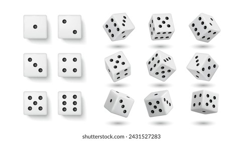 White gambling dices realistic vector illustration set. Cubes with dot numbers on sides 3d elements on white background. Casino game
