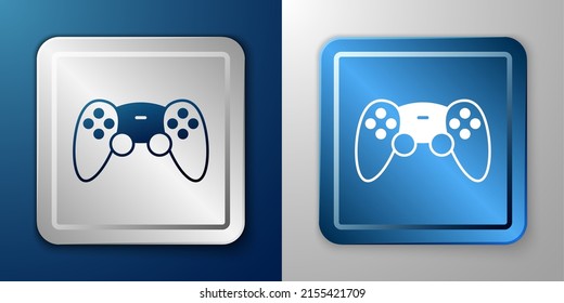 White Game controller or joystick for game console icon isolated on blue and grey background. Silver and blue square button. Vector