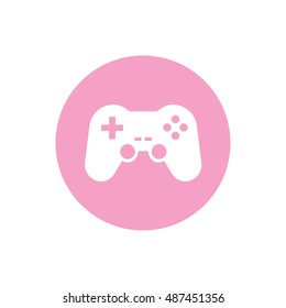 White game controller vector icon illustration. Pink button. Pink circle