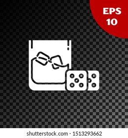 White Game dice and glass of whiskey with ice cubes icon isolated on transparent dark background. Casino gambling.  Vector Illustration
