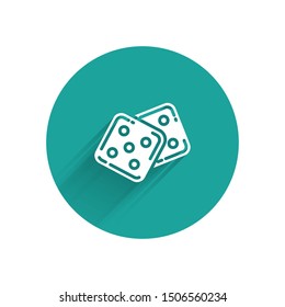 White Game dice icon isolated with long shadow. Casino gambling. Green circle button. Vector Illustration