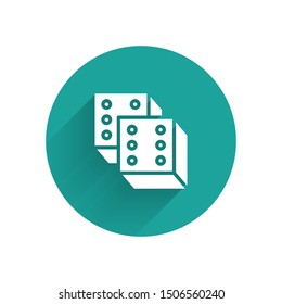 White Game dice icon isolated with long shadow. Casino gambling. Green circle button. Vector Illustration