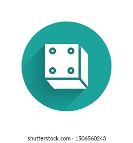 White Game dice icon isolated with long shadow. Casino gambling. Green circle button. Vector Illustration