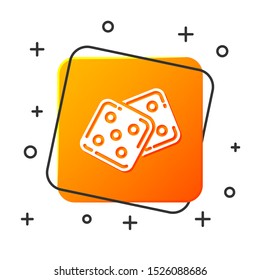 White Game dice icon isolated on white background. Casino gambling. Orange square button. Vector Illustration