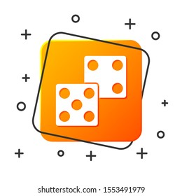 White Game dice icon isolated on white background. Casino gambling. Orange square button. Vector Illustration