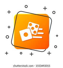 White Game dice icon isolated on white background. Casino gambling. Orange square button. Vector Illustration