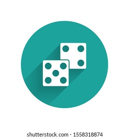 White Game dice icon isolated with long shadow. Casino gambling. Green circle button. Vector Illustration