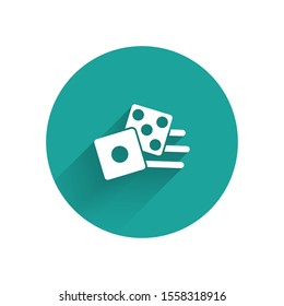 White Game dice icon isolated with long shadow. Casino gambling. Green circle button. Vector Illustration