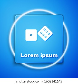 White Game dice icon isolated on blue background. Casino gambling. Blue square button. Vector Illustration