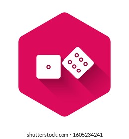 White Game dice icon isolated with long shadow. Casino gambling. Pink hexagon button. Vector Illustration