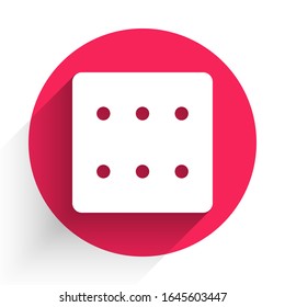 White Game dice icon isolated with long shadow. Casino gambling. Red circle button. Vector Illustration