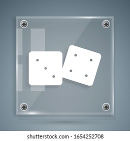 White Game dice icon isolated on grey background. Casino gambling. Square glass panels. Vector Illustration