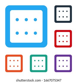 Icono de dados de juego blanco aislado en fondo blanco. Juegos de casino. Establecer iconos en botones cuadrados de color. Ilustración vectorial