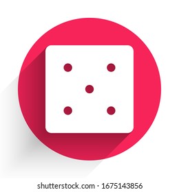 White Game dice icon isolated with long shadow. Casino gambling. Red circle button. Vector Illustration