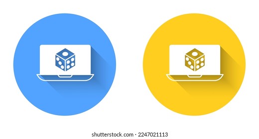 White Game dice icon isolated with long shadow background. Casino gambling. Circle button. Vector